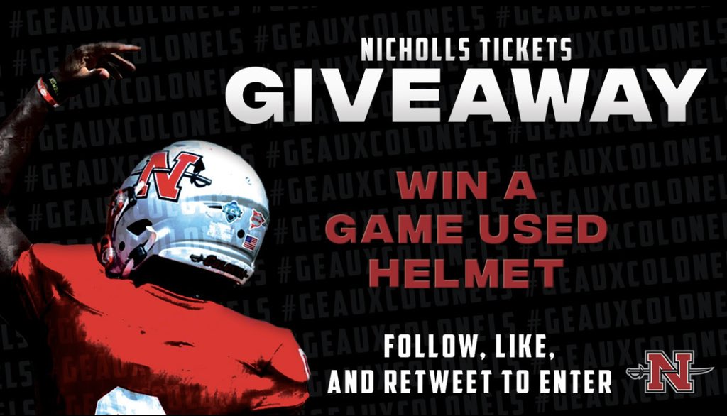 🚨 GIVEAWAY 🚨

Nicholls Tickets Giveaway

Follow these simple steps for a chance to win a game used Nicholls Football Helmet.

Step 1: Follow us 
Step 2: Rt &amp; Like the post 

The lucky winner will be announced Friday, August 19th <a href="/3/">Blair</a>:30

#GeauxColonels #Nthistogether