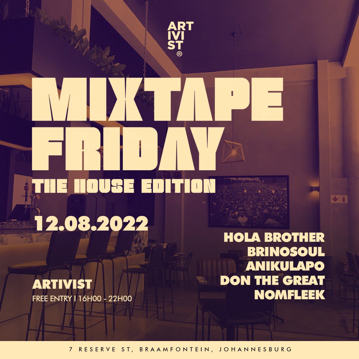 Another instalment of our Mixtape Friday series with <a href="/Pule_Corleone/">DontheGreat</a> at Artivist. Hosting the legendary <a href="/BrinoMaqeda/">Brino Soul</a> , <a href="/nomfleek/">cherie egrend</a> &amp; Hola Brother. A little Boogie and Groove to look forward to again this Friday. #MixtapeFridays #FridayGrooveDay #ArtiGroove #ArtiFriday