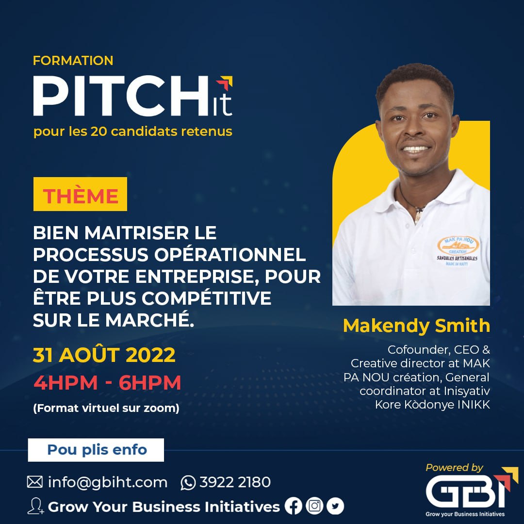 GbiHaiti's tweet photo. Makendy Smith 
@makhaitia / Mak PA Nou Creation

Cofounder, CEO &amp; Creative director at MAK PA NOU création, General coordinator at Inisyativ Kore Kòdonye INIKK

Sujet: Bien maitriser le processus opérationnel de votre entreprise, pour etre plus compétitive sur le marché. https://t.co/QOBXS7j7VO