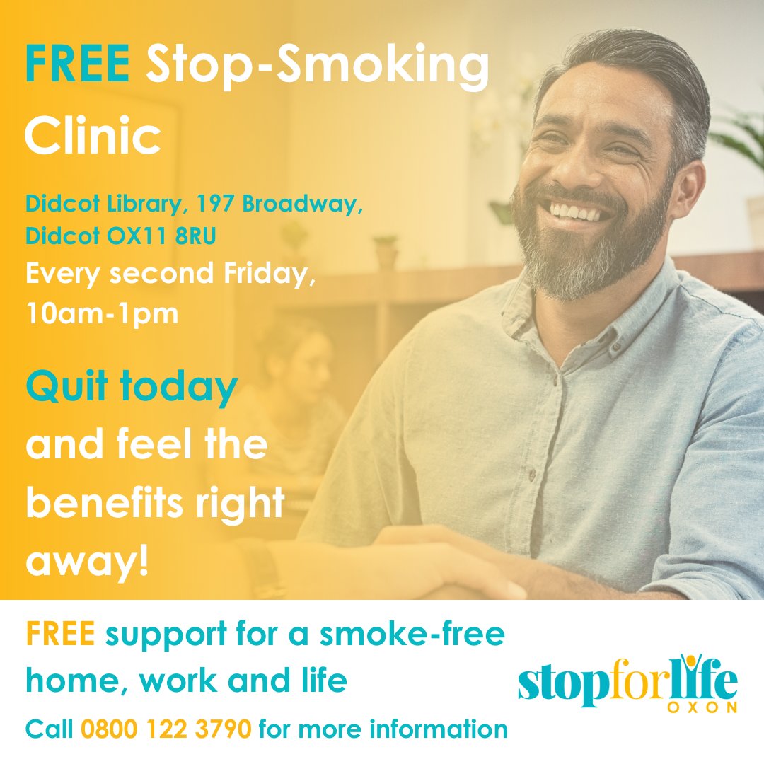 StopforlifeOxon's tweet photo. Save the date! Our stop-smoking clinics are every second Friday, 10:00am-1:00pm and are FREE to attend.

For more information call 0800 122 3790, or visit https://t.co/q61cCl04Hs to find out more about our service.
#QuitSmoking #Oxfordshire #StopforLife #Didcot #FREENRT https://t.co/yCRW1rOpsi
