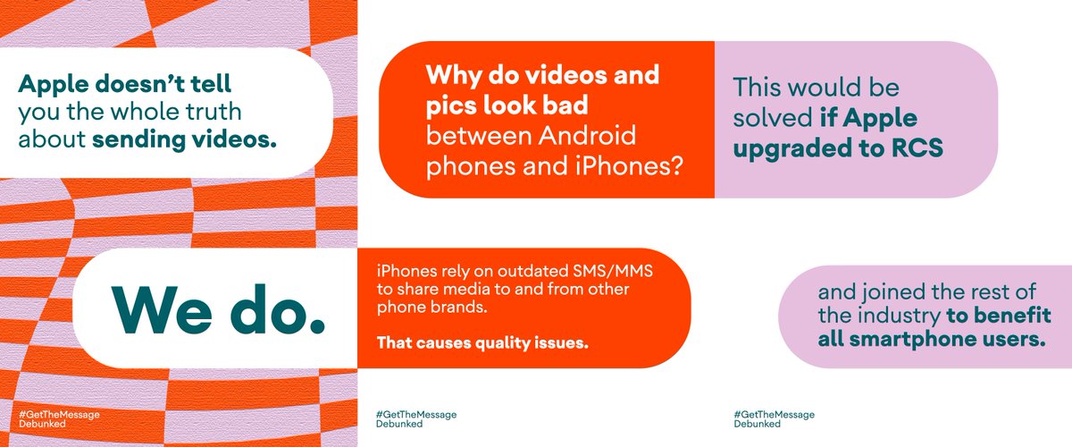 Android's tweet image. Tired of receiving vids that look like they’re from an old security camera? 

Apple doesn’t talk about it.  We, however, love an informed audience. #GetTheMessage