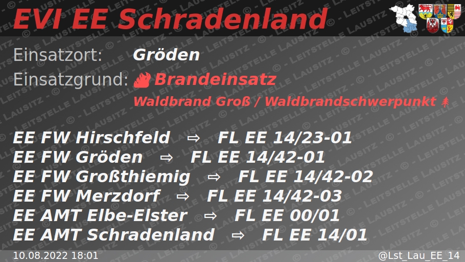 🚨 10.08.2022 18:01 🔥 🌳 🔥 🌲 B:Wald-Groß/WSP 🌐 Gröden 🚒 ⇨ FW Hirschfeld, FW Gröden, FW Großthiemig, FW Merzdorf