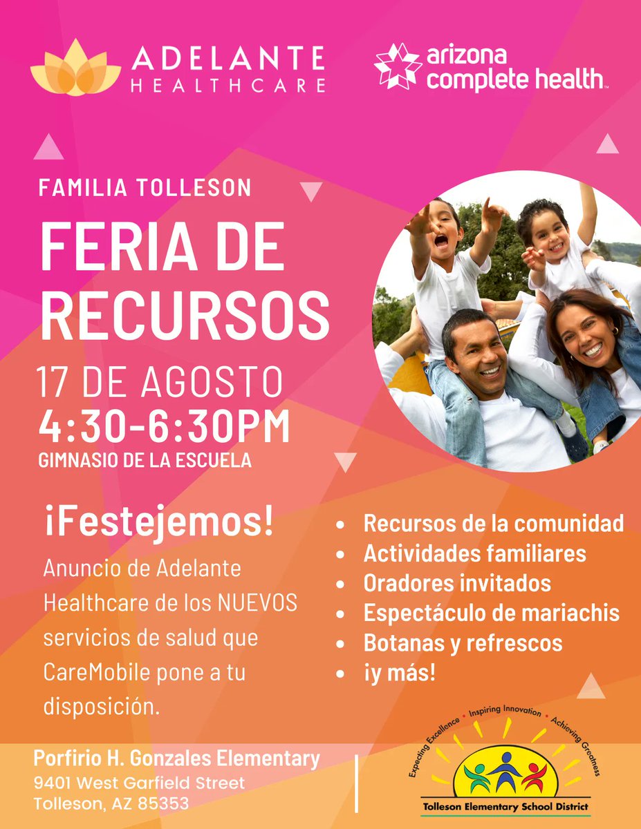 Tolleson Elementary School District (@tollesonesd) on Twitter photo <a href="/TollesonESD/">Tolleson Elementary School District</a> shares this information to save the date for The Tolleson Family Resource Fair August 17th from 4:30-6:30 PM in the gymnasium at Porfirio H. Gonzales Elementary School! New health services announced, activities, speakers, food and more! See the proud sponsors here! <a href="/TollesonESD/">Tolleson Elementary School District</a> shares this information to save the date for The Tolleson Family Resource Fair August 17th from 4:30-6:30 PM in the gymnasium at Porfirio H. Gonzales Elementary School! New health services announced, activities, speakers, food and more! See the proud sponsors here!