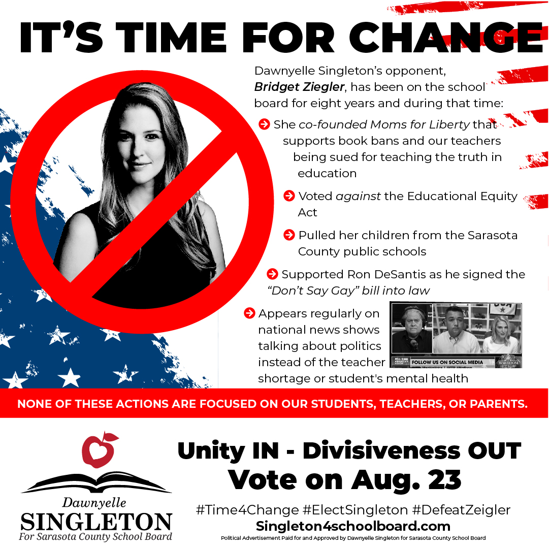 electsingleton1's tweet photo. Dawnyelle Singletonโs opponent Bridget Ziegler has been very busy during her 8-year tenure as a school board member. Busy co-founding Moms for Liberty & appearing on extremist right-wing tv shows, but doing nothing that supports public education! #Time4Change #DefeatZiegler https://t.co/lvzPyD73S6