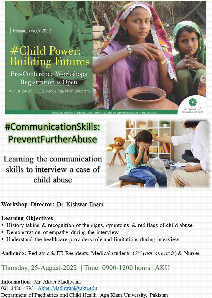 Learn the Communication skills to interview a case of child abuse
#childpower
#researchweek
#PediatricsDept
@AKUGlobal 
@AkuPsychiatry 
@AsadNargis 
@drSanaSaaed 
@sidraishaque 
@CPS_AKU 
@FyezahJehan 

Register at
bit.ly/3BS67QF

docs.google.com/forms/d/e/1FAI…