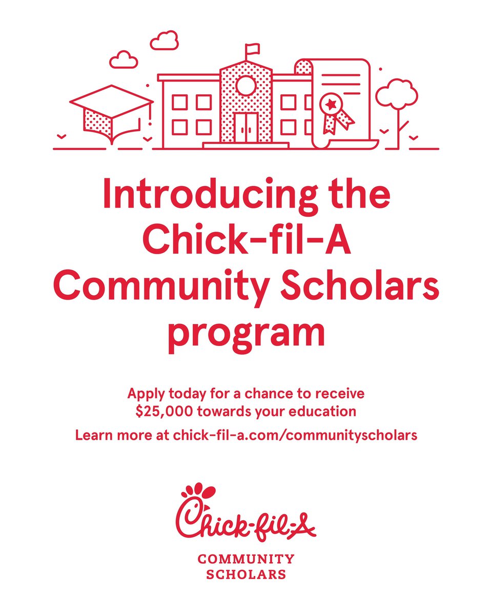 Calling all students! We just launched a new scholarship program for anyone pursuing higher education throughout the communities we serve. Apply now at chick-fil-a.com/communityschol…