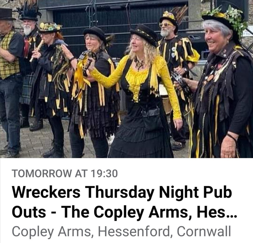WreckersMorris's tweet photo. Tomorrow come and see us at The Copley Arms, Hessenford - remember it's an earlier start of 7.30pm!

#pubouts #Cornwall #morrisdancing #morrismusic #dancing #bordermorris #Thursdaynightout https://t.co/D99hePKHag