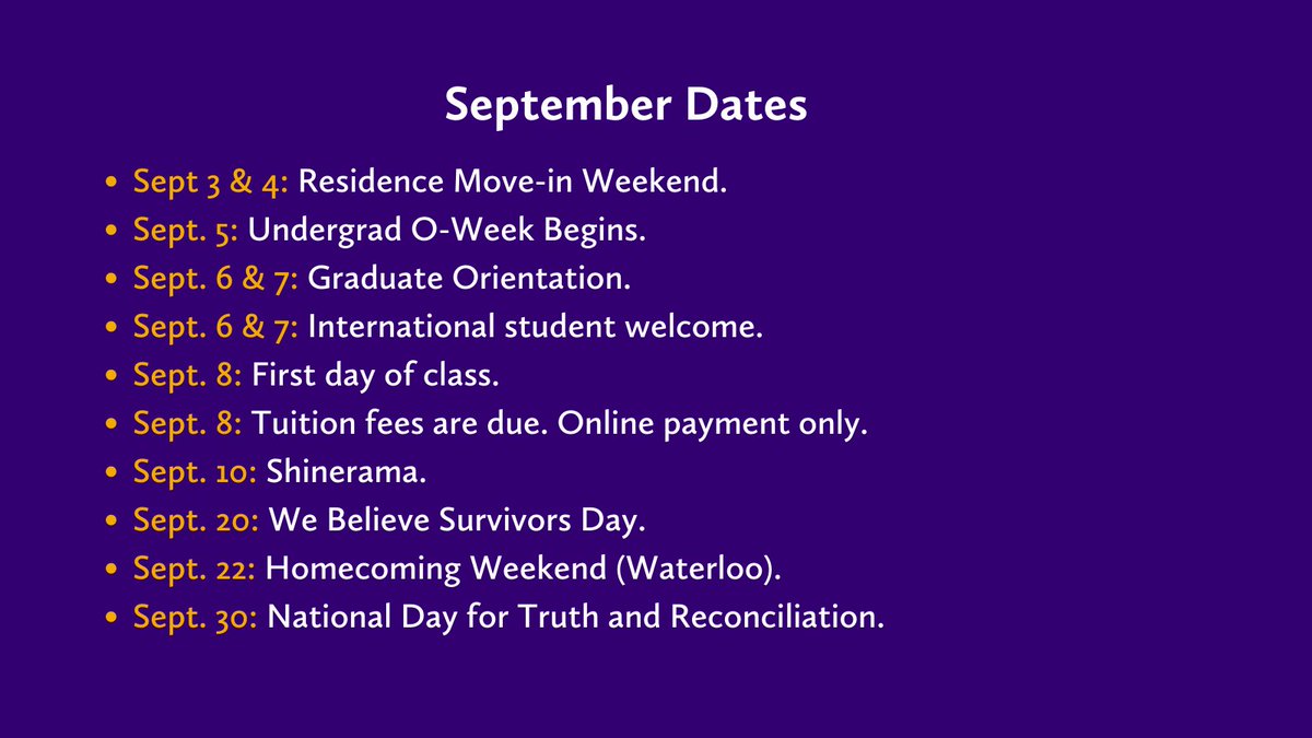 September dates 🗓️

Stay Golden this September by planning ahead and being prepared. Students can find everything they need to know about back-to-school at: students.wlu.ca.