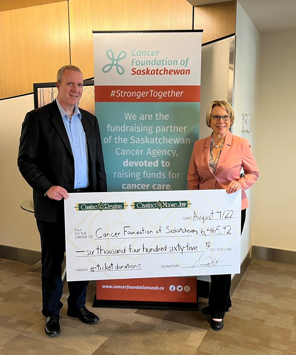 cancerfdnsask's tweet photo. Guests at @casinoregina & @casinomoosejaw made a safe bet by donating their e-tickets, chips or cash to support cancer care in Saskatchewan.
Between guest donations and the Casino's matching the amount, the total raised was $6,465.92!
Thank you!!
#StrongerTogether #saskatchewan https://t.co/5Z7PcgnlAV