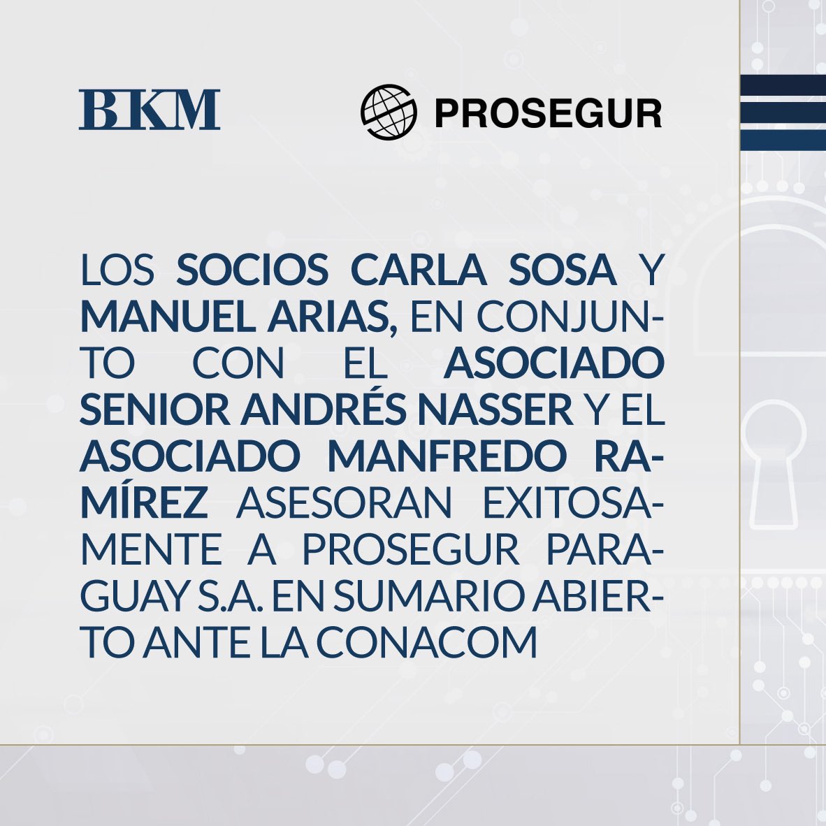 bkmberkemeyer's tweet photo. 🆕 El equipo de BKM | Berkemeyer, liderado por Carla Sosa y Manuel Arias, socios y co-heads de la práctica de Antitrust, el asociado senior Andrés Nasser y el asociado Manfredo Ramírez, asesoró exitosamente a Prosegur Paraguay S.A. https://t.co/09nqoNFuZT