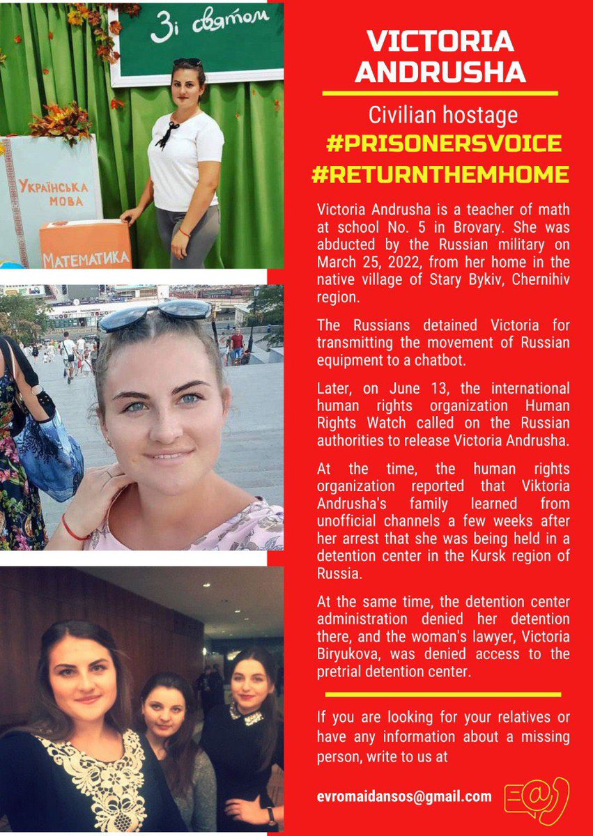 ccl_ua's tweet photo. The occupiers have been illegally detaining a teacher from the Chernihiv Region, Victoria Andrusha, for almost six months⤵️

https://t.co/XRcZZAA3vA
#ReturnThemHome #Prisoners_Voice 
@UN_Ukraine @ICRC_ua @OSCE @ICRC_ua @UnitedNationsRU https://t.co/OjwXB0WOim
