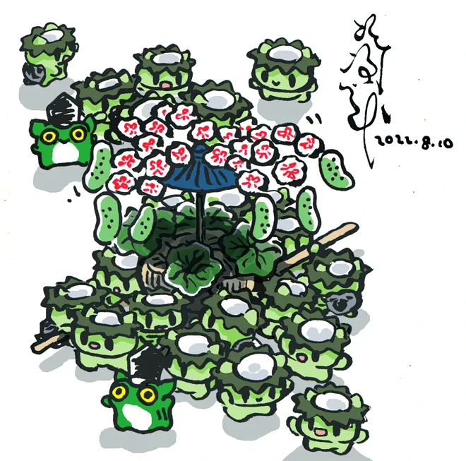 8月10日は #妖怪の日 なので天王祭りな河童と耳蛙を描きました。 