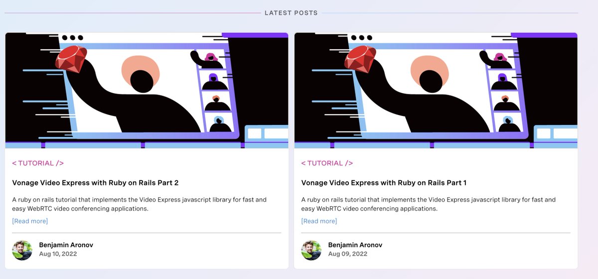 AronovBenjamin's tweet image. The @VonageDev blog is looking pretty sweet right now. Parts one and two of my Video Express / Vivid tutorial are out!
#rubyonrails #webcomponents #rubydeveloper