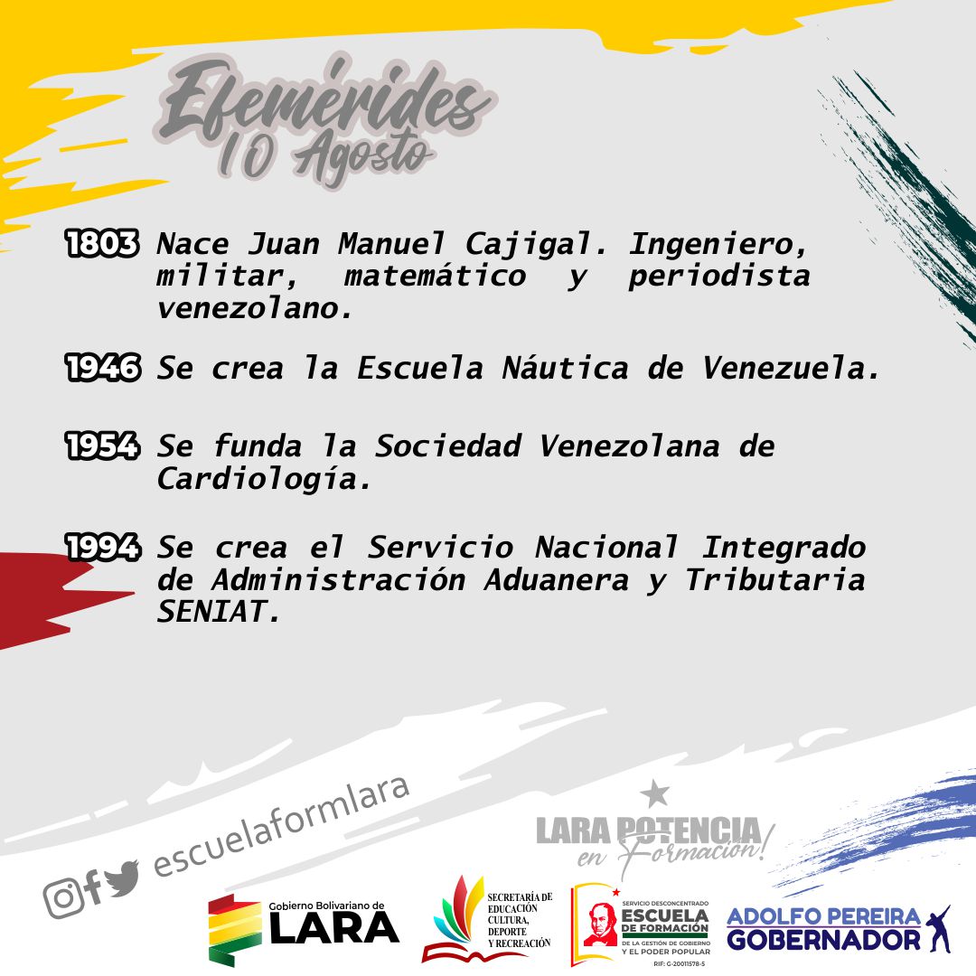 EscuelaFormLara's tweet photo. #10Agosto Efemérides del Día 
#TrabajamosPorVenezuela
#BricomilesMiEscuelaBella
@NicolasMaduro
@AdolfoP_Oficial
@gobiernodelara
@LuisJonasReyes
@Educacionlara
@ZELara2019 https://t.co/dSTwQ3XEeG