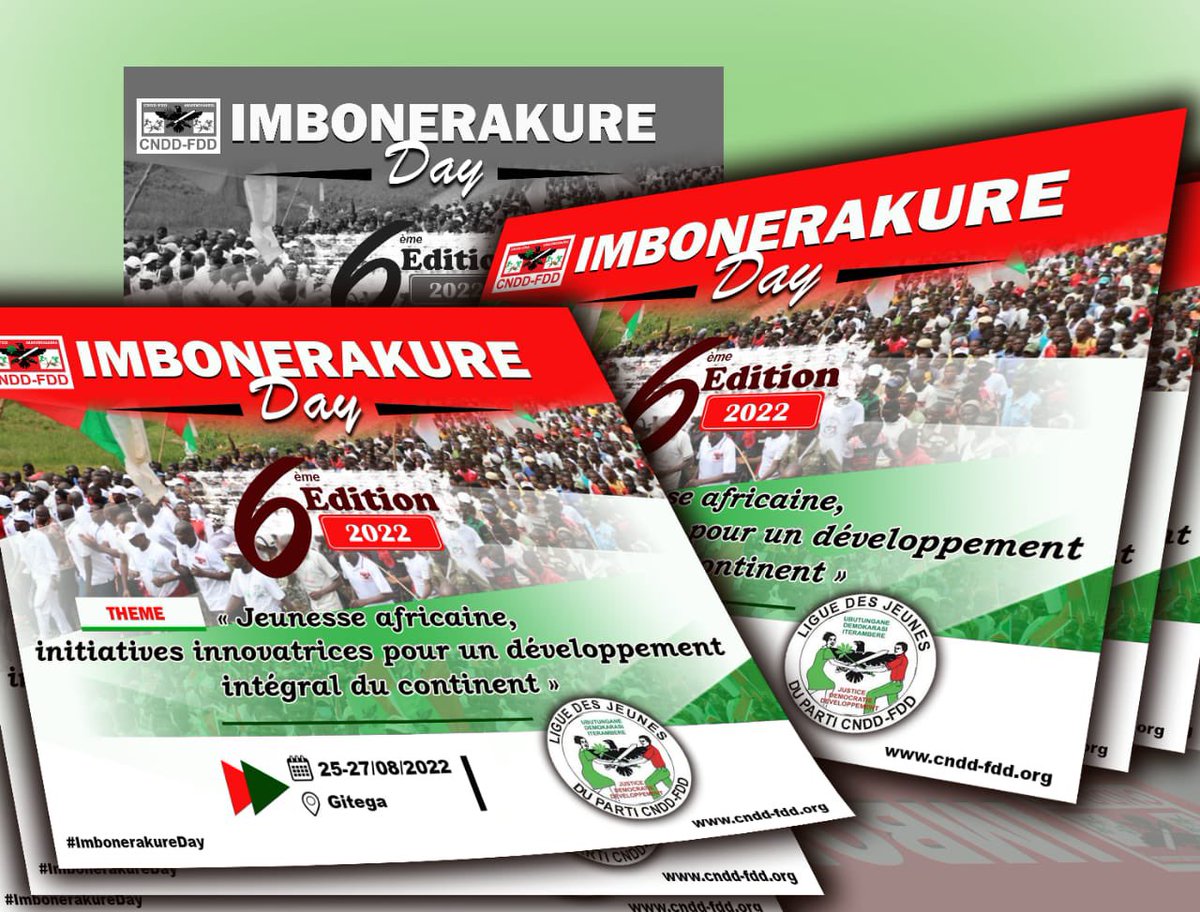 Du 25 au 27 août 2022, le Parti <a href="/CnddFdd/">CNDD-FDD</a> organisera la 6è Éd. de l’#ImbonerakureDay sous le thème: «Jeunesse africaine, initiatives innovatrices pour un développement
intégral du continent». Les activités se dérouleront à Gitega en présence de plusieurs délégations étrangères.