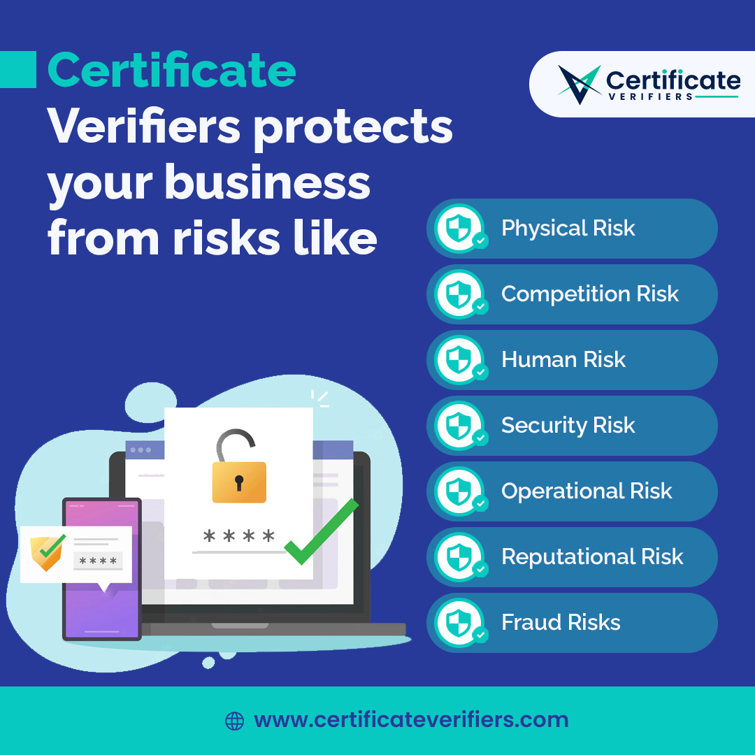 Certificate Verifiers protects your business from risks like: 

Physical risk
Competition risk
Human risk
Security risk
Operational risk
Reputational risk
Fraud Risks

certificateverifiers.com

#MinistryofFinance #MinistryofArtandCulture #onlineverification #CertificateVerifiers