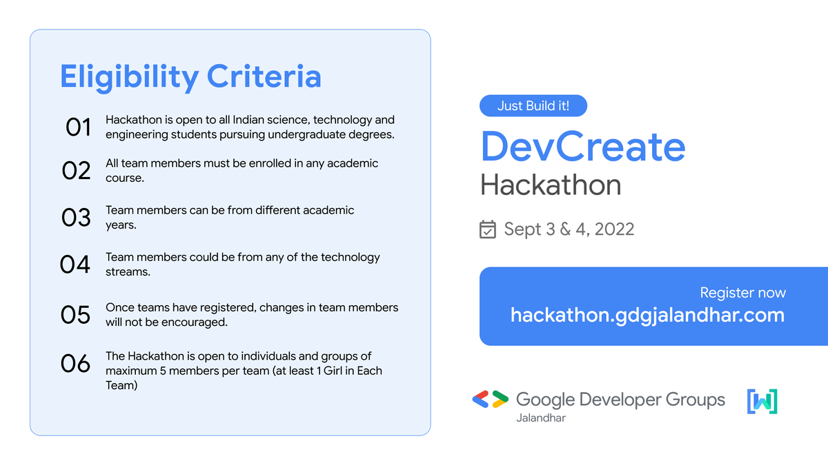 GDGJalandhar's tweet image. Howdy folks!
We're astonished by the response to the #DevCreate Hackathon Announcement 😍
Make sure to check the eligibility criteria before registering!
For More info:
🔗 hackathon.gdgjalandhar.com
#GDGJalandhar #WTMJalandhar #Hackathon #DCHJalandhar