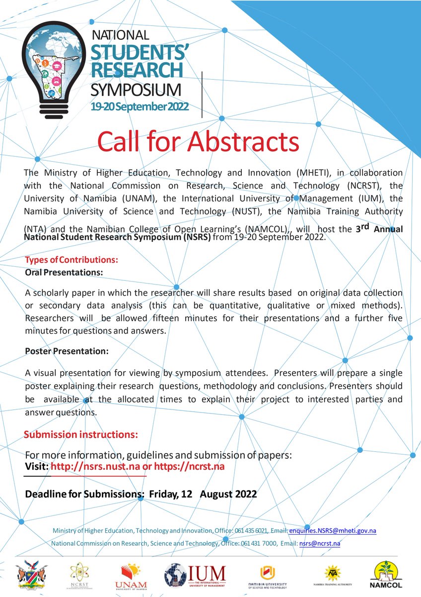 Calling all researchers and related practitioners to submit their abstracts for the biennial National Research Symposium. See below for details:
ncrst.na/calls/
