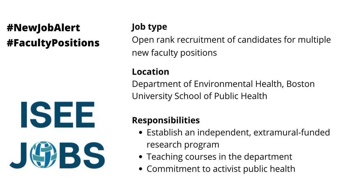 ISEE_job (@isee_job) on Twitter photo The Department of Environmental Health <a href="/BUSPH/">Boston University School of Public Health</a> is recruiting candidates for multiple new faculty positions. More details 👉 loom.ly/56PrjZE.
<a href="/ISEE_global/">ISEE Env Epi</a> @IseeSnrn #epitwitter #environmentalhealth The Department of Environmental Health <a href="/BUSPH/">Boston University School of Public Health</a> is recruiting candidates for multiple new faculty positions. More details 👉 loom.ly/56PrjZE.
<a href="/ISEE_global/">ISEE Env Epi</a> @IseeSnrn #epitwitter #environmentalhealth