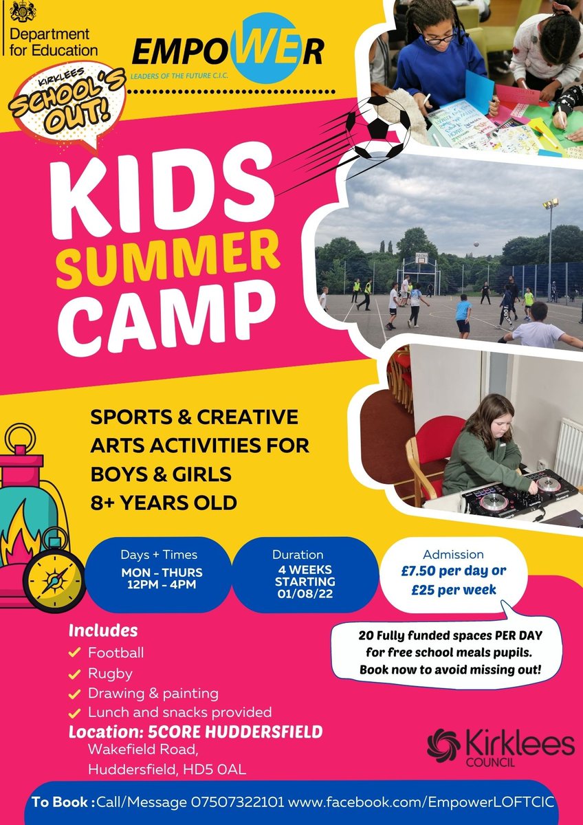 Welcome_Hudds's tweet photo. Kids summer camps running all summer and free to free school meals families @5coreHud Call 07507322101
 to book your children ages 8+ on https://t.co/byAJSI18Jb