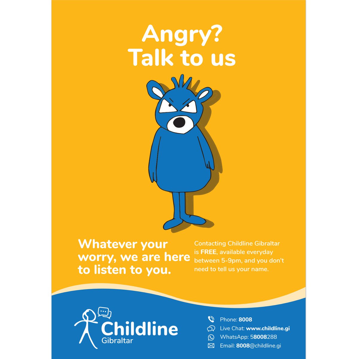 ChildlineGib's tweet photo. Feeling #Angry? Talk to us🚹👂💙 Whatever your worry, #ChildlineGib are here to #support &amp; #listen to you everyday, 5-9pm: 
📞8️⃣0️⃣0️⃣8️⃣
💬https://t.co/ubVhKbrrT9
📱58008288 (WhatsApp)
📧 8008@childline.gi

#ChildrensMentalHealth #Wellbeing #Gibraltar #Advice #MentalHealth https://t.co/6bsJD4log4