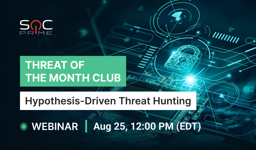 SOC_Prime's tweet photo. Join the upcoming Threat of the Month Club webinar on August 25, 12 PM (EDT), and learn how to shape and validate #threathunting hypotheses for deep-dive threat investigation. 

https://t.co/zLrhvUi6Hs 

#threatdetection #ThreatHunter #BlueTeam #SOC #detectionengineering https://t.co/vvKehCUPv8