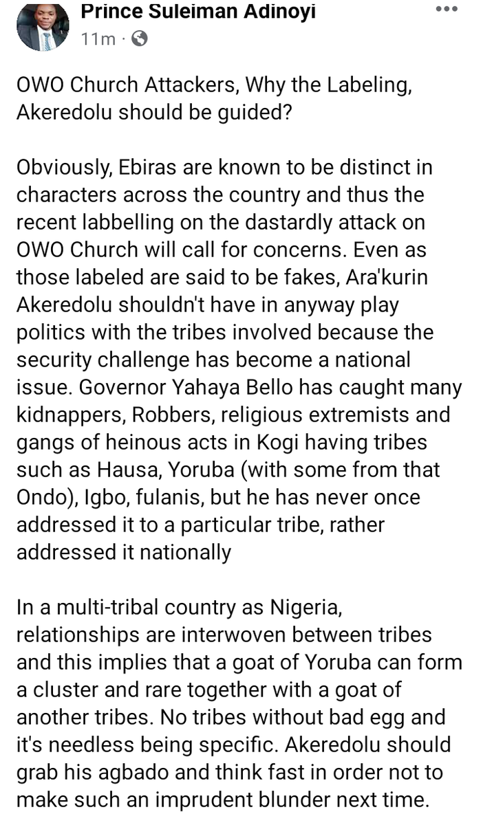 PrinceS_Adinoyi's tweet photo. OWO Church Attackers, Why the Labeling, @RotimiAkeredolu should be guided?
Obviously, Ebiras are known to be distinct in characters across the country and thus the recent labbelling on the #OwoAttack on OWO Church will call for concerns...
Wike | ISWAP | KIZZ DANIEL | PETER OBI https://t.co/mZr7h97W3Q