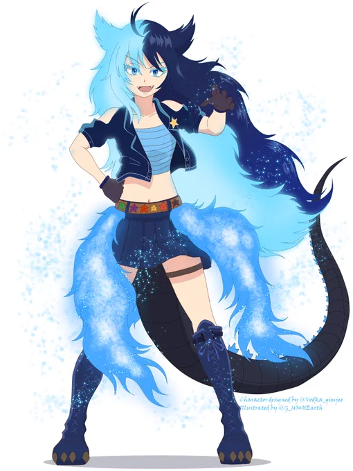 ミッサさん( )のブルーバーニングFWさんを描かせていただきました!以前私が描いたブルーバーニングゴジラをこんな魅力的な擬人化キャラにしていただき、ありがとうございます!#ゴジラ #Godzilla 