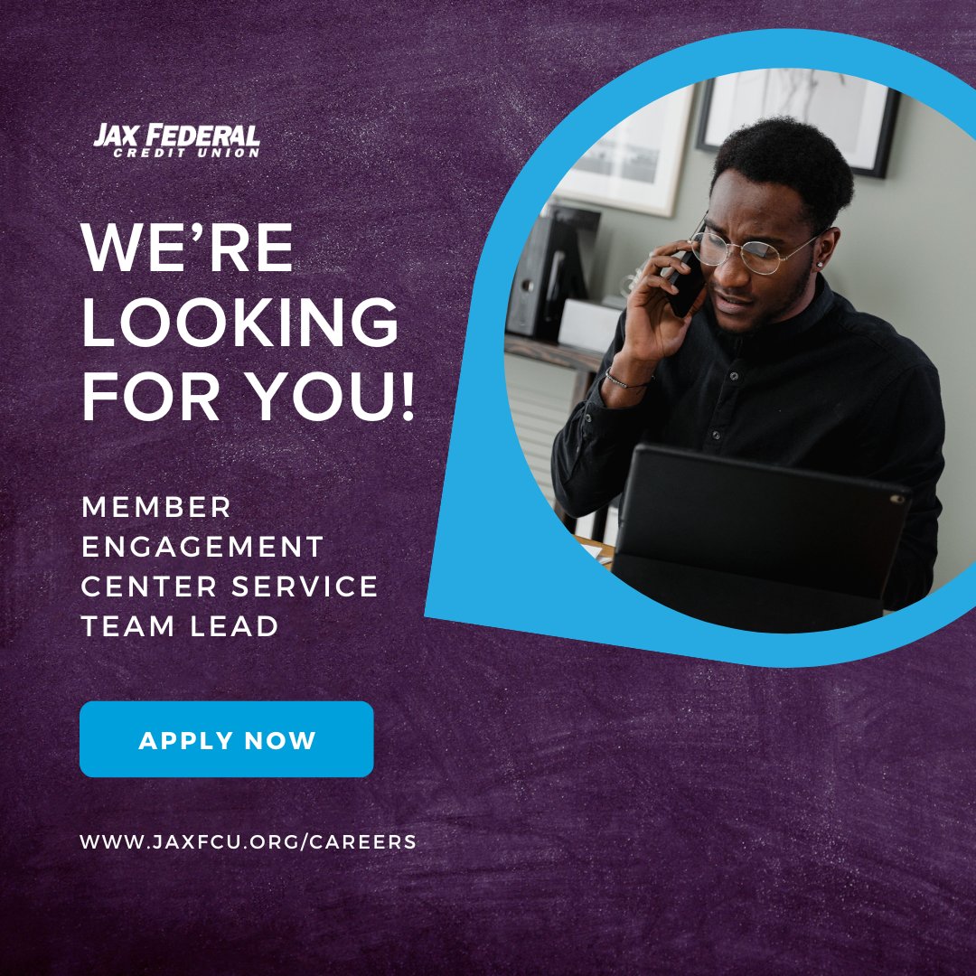We are in search of a new Member Engagement Center Service Team Lead

Empower your teammates in the Contact Center! 📱This role is perfect for those driven by helping others succeed.

Learn more and submit your resumé today! 
jaxfcu.org/careers/

#WorkHereWednesday #NowHiring