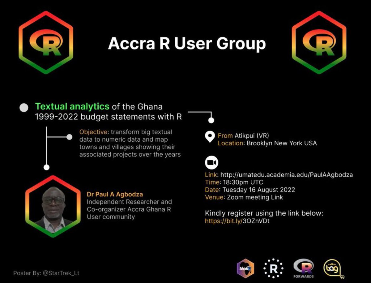 Ghana R Users Community (@rusersghana) on Twitter photo Accra #R User group is inviting you to this meetup on 16th August 2022. The topic is “Textual Ananlytics of the 1992-2022 budget Statements with R “ by <a href="/PaulAAgbodza/">Paul A. Agbodza</a>
Kindly register using the link below
bit.ly/3OZhVDt
<a href="/R_Forwards/">Forwards</a>
<a href="/AfricaRUsers/">Africa R Users</a> Accra #R User group is inviting you to this meetup on 16th August 2022. The topic is “Textual Ananlytics of the 1992-2022 budget Statements with R “ by <a href="/PaulAAgbodza/">Paul A. Agbodza</a>
Kindly register using the link below
bit.ly/3OZhVDt
<a href="/R_Forwards/">Forwards</a>
<a href="/AfricaRUsers/">Africa R Users</a>