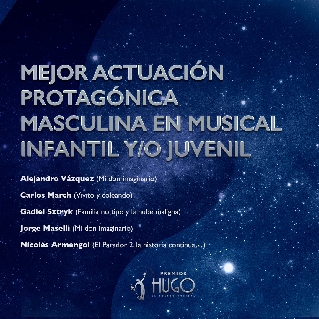 Nominaciones a MEJOR ACTUACIÓN PROTAGÓNICA MASCULINA EN MUSICAL INFANTIL Y/O JUVENILPremios Hugo Temporada 2021-2022
.
#premioshugo #teatromusical #teatro #espectaculos #premios #musichall #infantil #musical #off