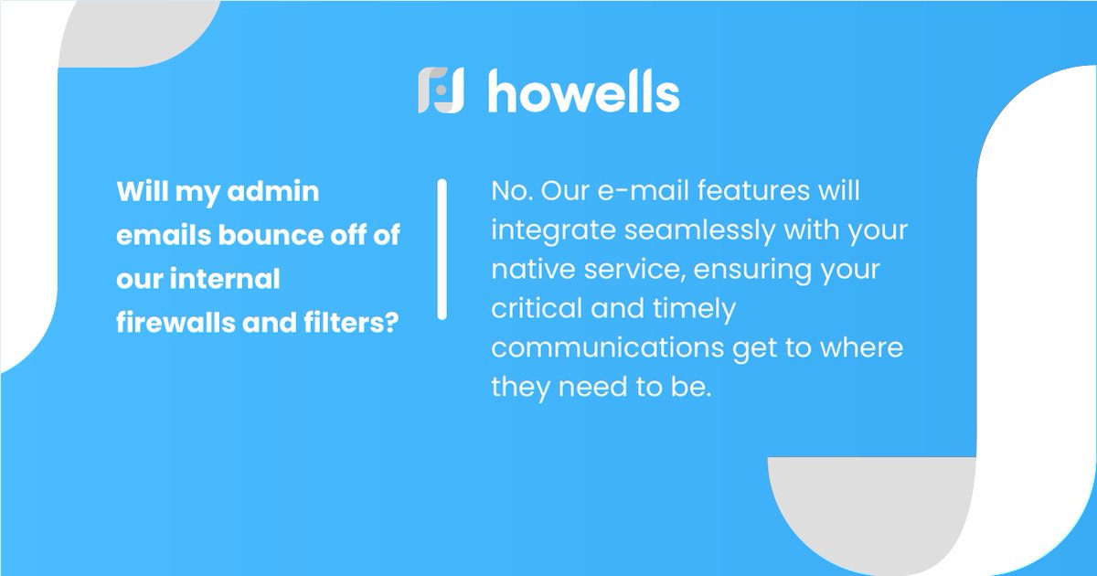 Howells_Tech's tweet image. Will my admin emails bounce off of our internal firewalls and filters ❓ 

No. Our email features will integrate seamlessly with your native service, ensuring your critical and timely communications get to where they need to be.

#shareplanadmin #admin #faq #howells #shareplans