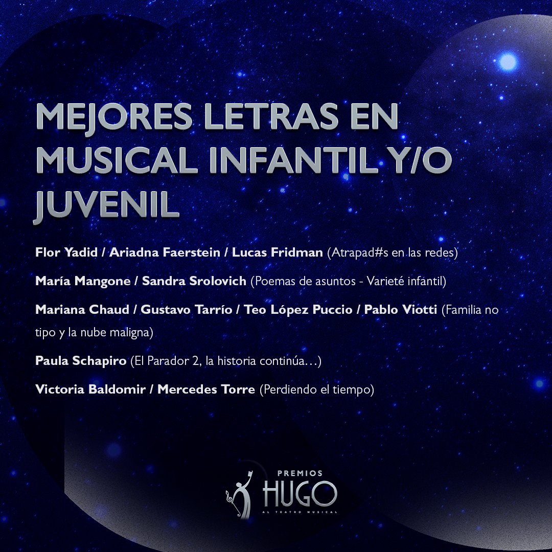 Nominaciones a MEJORES LETRAS EN MUSICAL INFANTIL Y/O JUVENIL Premios Hugo Temporada 2021-2022
. 
#premioshugo #teatromusical #teatro #espectaculos #premios #musichall #infantil #musical #off