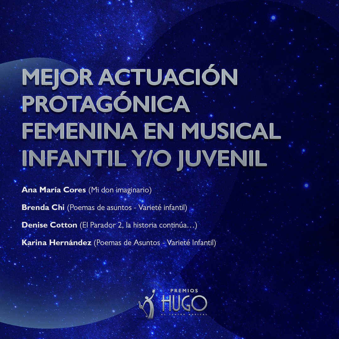 Nominaciones a MEJOR ACTUACIÓN PROTAGÓNICA FEMENINA EN MUSICAL INFANTIL Y/O JUVENIL Premios Hugo Temporada 2021-2022
. 
#premioshugo #teatromusical #teatro #espectaculos #premios #musichall #infantil #musical #off