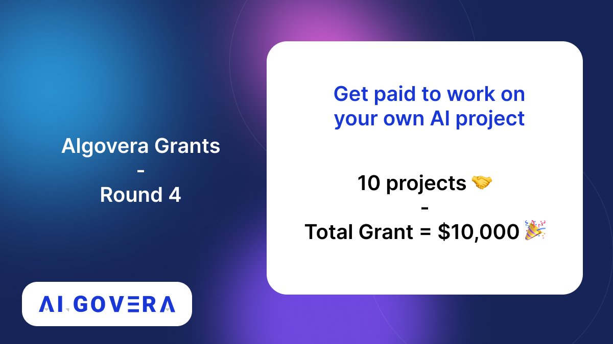 1/ Submissions for Grants Round 4 (worth $10k) are now closed. We received 16 awesome proposals, and we'll be sharing overviews with you during the next few days of the review period. Check out the proposals in full at forum.algovera.ai