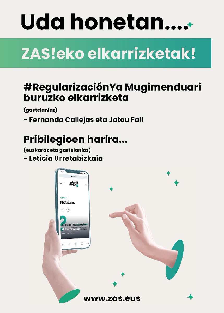 Zas_Antirumor's tweet photo. ⛱️ Uda honetan... ZAS!eko elkarrizketak! 🍉
🎙️ #RegularizaciónYa Mugimenduari buruzko elkarrizketa - Fernanda Callejas eta Jatou Fall
🎙️ Pribilegioen harira... - Leticia Urretabizkaia

👉🏽 https://t.co/2omnu9szKX

#zas #zurrumurruenaurkakosarea #redvascaantirumores #elkarrizketa https://t.co/DZjlz4yYBg