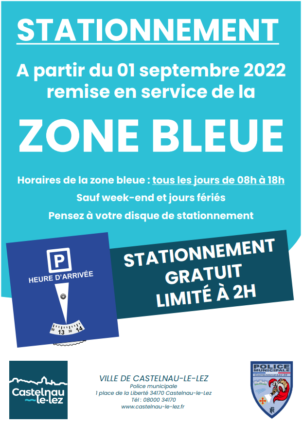 CastelnauleLez's tweet photo. 🔵 La zone bleue reprend du service à partir du 1er septembre ! 🔵
🚗 Stationnement gratuit, limité à 2h.
⌚ Horaires de la zone bleue : du lundi à vendredi de 8h00 à 18h00.
#stationnement #zonebleue #castelnaulelez https://t.co/Iym8p6HsYC