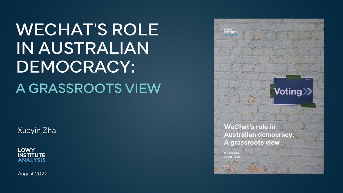 NEW RESEARCH:
- WeChat's role in Australian democracy: a grassroots view -
New analysis by <a href="/XueyinZha/">Xueyin Zha</a> of the role of the Chinese social media and messaging app WeChat in recent local government elections in Australia. lowyinstitute.org/publications/w…