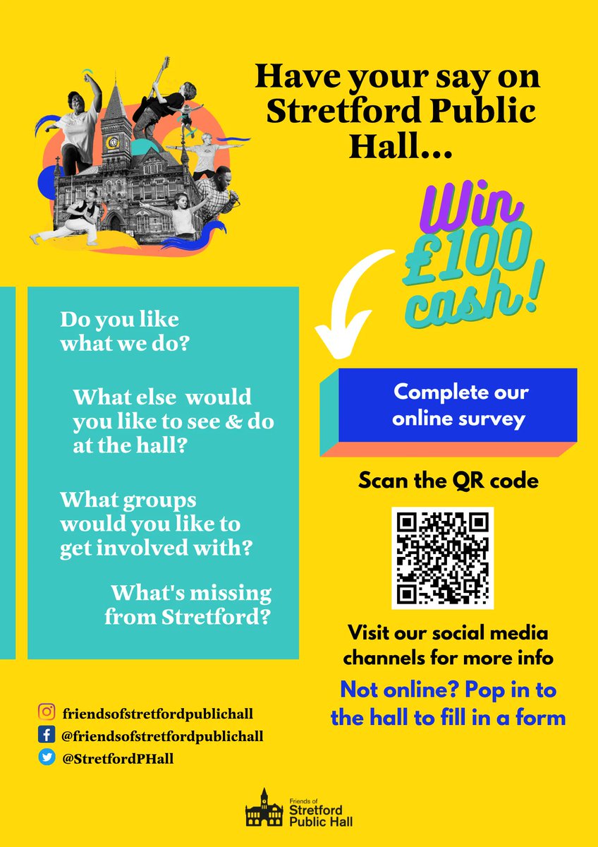 Win £100 for your ideas and feedback!
Throughout August 2022, we are carrying out some research. We want your ideas on the future events, activities and services we should offer at Stretford Public Hall. 

Please spare ten minutes to complete a survey.  

buff.ly/3zWWOxq