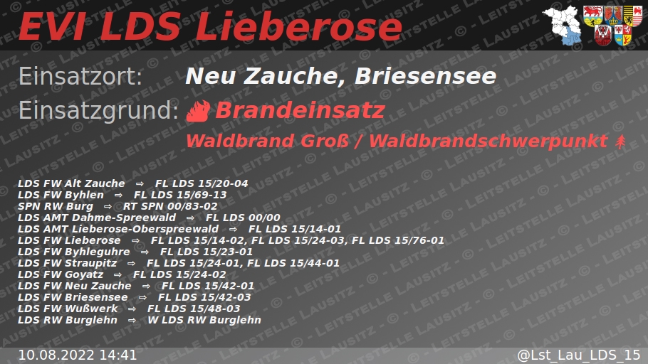 Lst_Lau_LDS_15's tweet photo. 🚨 10.08.2022 14:41 🔥 🌳 🔥 🌲 B:Wald-Groß/WSP 🌐 Neu Zauche, Briesensee 🚒 ⇨ FW Alt Zauche, FW Byhlen, FW Lieberose, FW Byhleguhre, FW Straupitz, FW Goyatz, FW Neu Zauche, FW Briesensee, FW Wußwerk https://t.co/cfqgQ7oMXP https://t.co/60X1fhsW6I