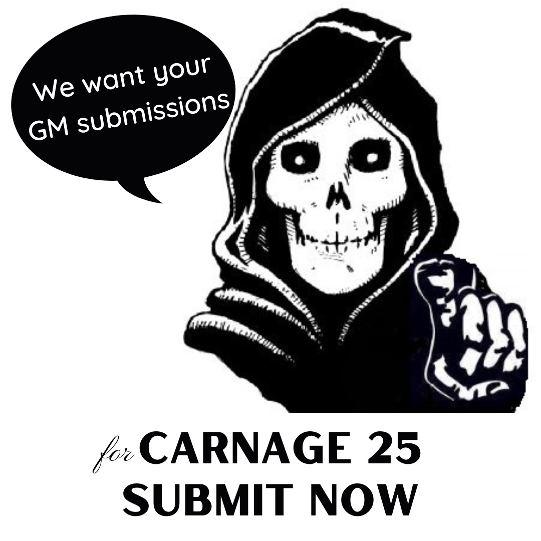 Carnage 25 already has over 200 games submitted, but we want more! More Indie Alley games, RPGs, board games, miniatures, card games, LARPs, special events!! Game sign ups begin on Sept. 12th, so be sure to submit your games before then! Submit them at: tabletop.events/conventions/ca…