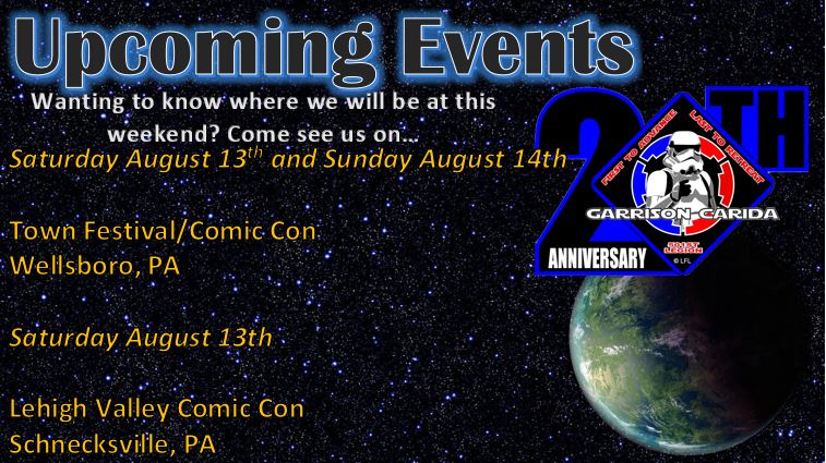 Check out our upcoming events this week and weekend! #BadGuysDoingGood #GarrisonCarida #official501st #GarrisonCaridaTroopers