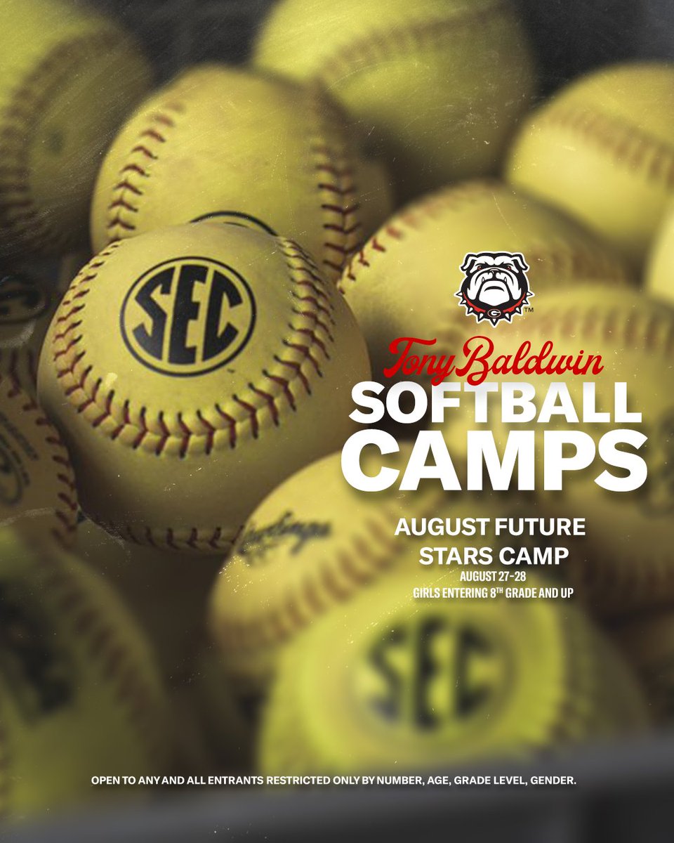 🚨 CAMP ANNOUNCEMENT 🚨 @UGACoachTony Softball Camps will be hosting a Future Stars Camp Aug. 27-28 in Athens! For more information and to register: ℹ️ gado.gs/7bd Open to any and all restricted only by number, age, grade level/gender.