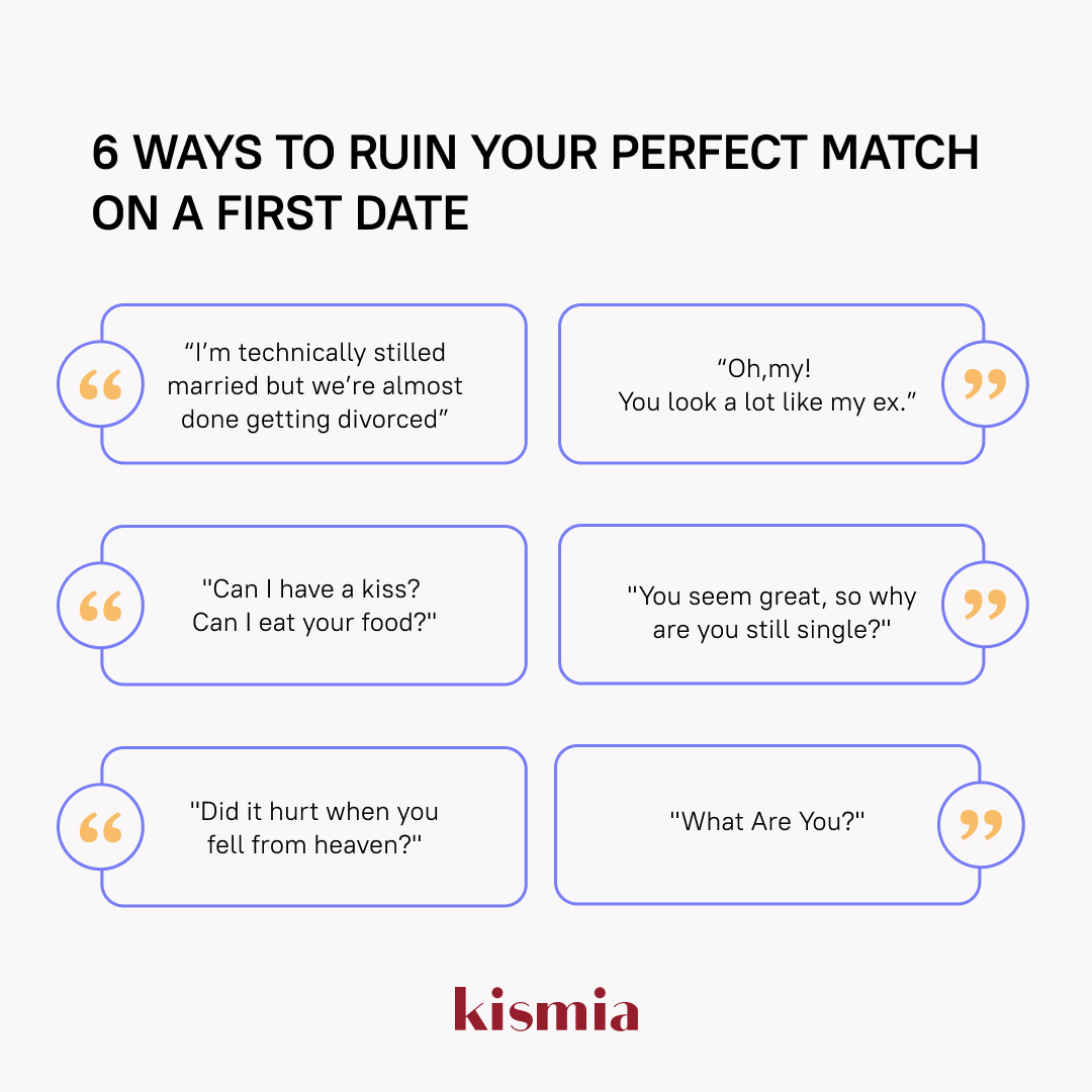 KismiaCom's tweet photo. Check out these ways to ruin your perfect match on a first date.💬

Let’s hear your best additions.👇
#kismia #perfectmatch #datingonline #datingadvice #datingusa #matching #love #findingtheone #relationshipgoals #relationshiptips https://t.co/yJUpmrGwxw
