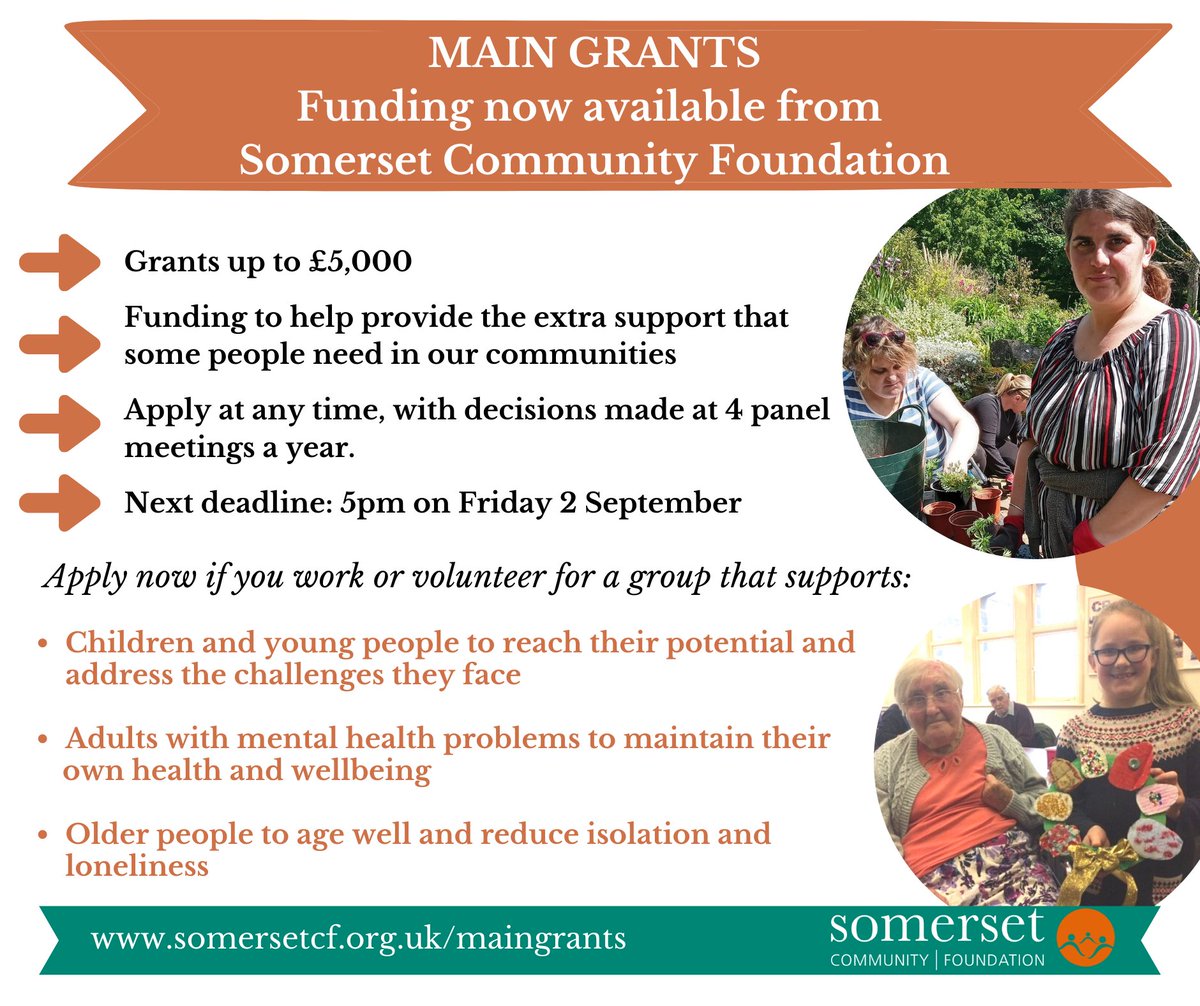 🙌Local community groups can apply to our *Main Grants* programme - available all year round 🧡Grants (money that does not need to be paid back) up to £5,000 awarded quarterly 👀Find out more & apply here (next deadline Friday 2 September): somersetcf.org.uk/maingrants