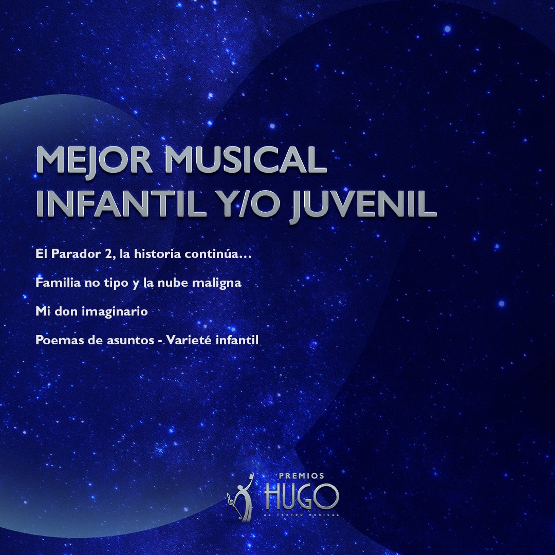 Nominaciones a MEJOR MUSICAL INFANTIL Y/O JUVENIL Premios Hugo Temporada 2021-2022
. 
#premioshugo #teatromusical #teatro #espectaculos #premios #musichall #infantil #musical #off
