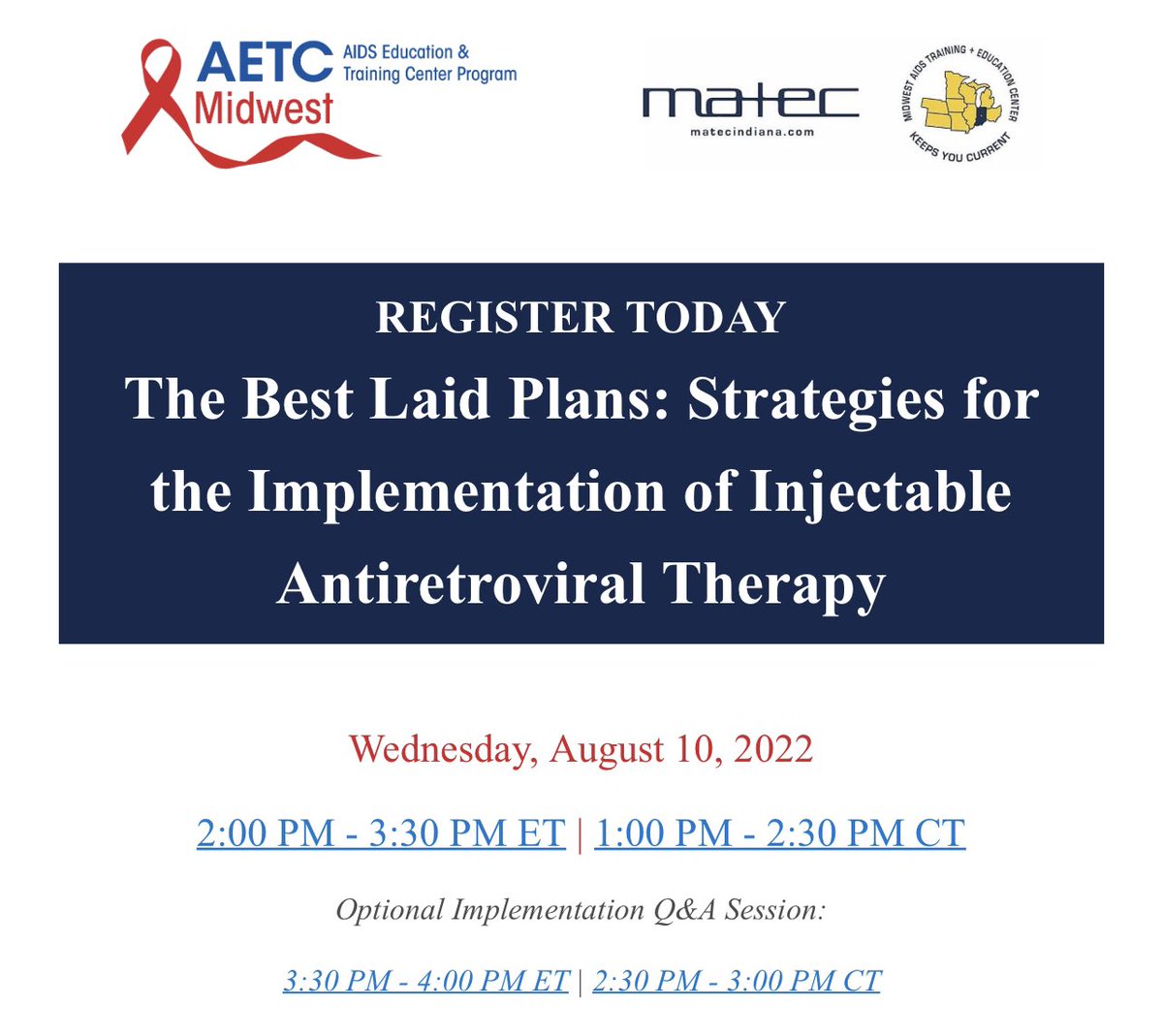 Join @MATEC_HIV for a virtual panel and case discussions from IU Health LifeCare & other #HIV Clinic faculty examining strategies for successfully implementing injectable antiretroviral therapy in clinic settings. 

matec.caspio.com/dp/BA507000902…