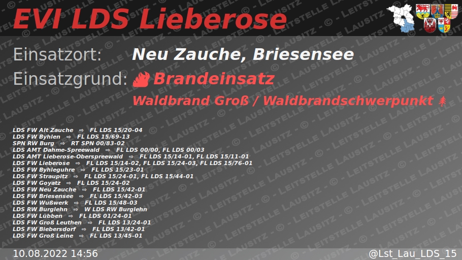 Lst_Lau_LDS_15's tweet photo. 🚨 10.08.2022 14:56 🔥 🌳 🔥 🌲 B:Wald-Groß/WSP 🌐 Neu Zauche, Briesensee 🚒 ⇨ FW Alt Zauche, FW Byhlen, FW Lieberose, FW Byhleguhre, FW Straupitz, FW Goyatz, FW Neu Zauche, FW Briesensee, FW Wußwerk, FW Lübben, FW Groß Leuthen, FW Biebersdorf, FW ... https://t.co/cfqgQ7oMXP https://t.co/0IKh13boqy
