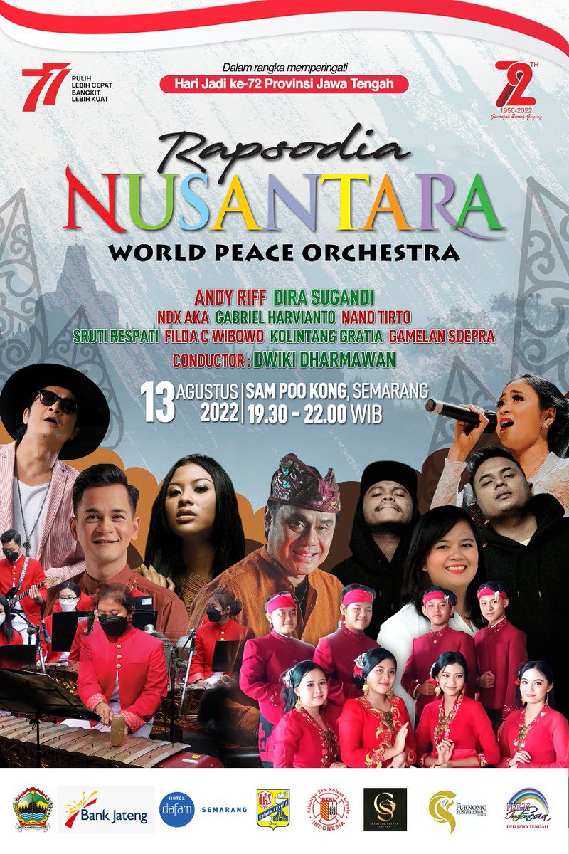 ganjarpranowo's tweet image. Rapsodi Nusantara. Ayo nyanyi dan gembira bersama di perayaan HUT Jateng ke 72. Untuk tiket langsung saja akses loket.com/event/rapsodia… GRATISS !