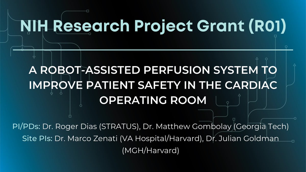 BWH_STRATUS's tweet photo. The STRATUS Research Lab, led by @RogerDDias, just received an NIH R01 Award! This is a $2.1MM grant with collaborations with Georgia Tech, Harvard/VA Hospital and MGH. @MatthewGombolay @MarcoZenatiMD @core_robotics @juliangoldman #simulation #robotics #patientsafety https://t.co/nXdPNiwQRQ